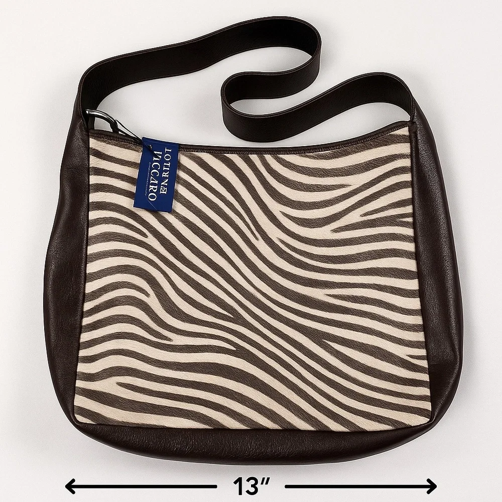 Andrea Viccaro Italy Zebra Calf Hair Tote Bag NWT Genuine Leather 13” BrownWhite